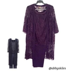 Maya Brooke Embellished Trim 3-Piece Pant Suit Eggplant Purple Size 24W NWT